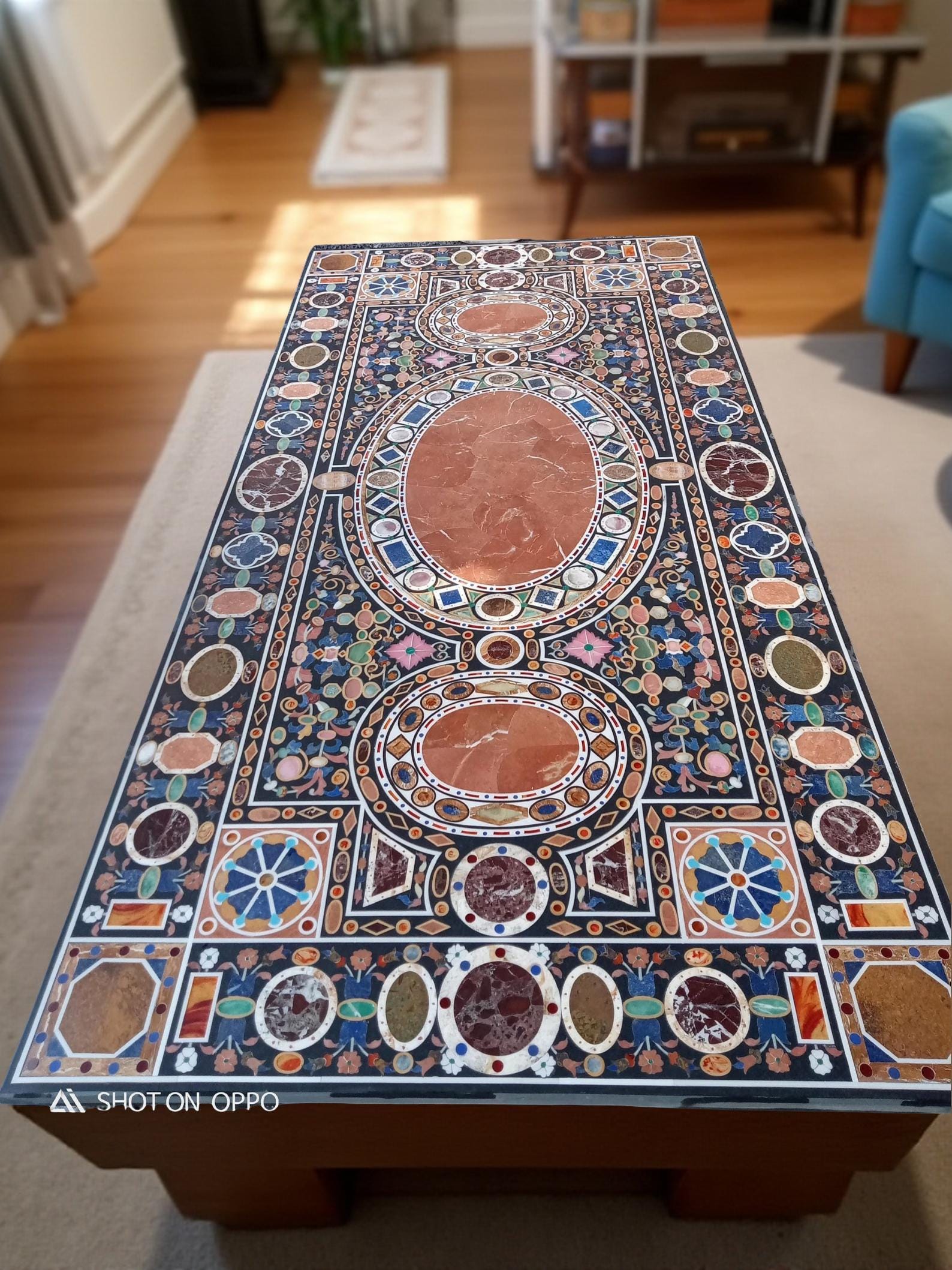 Black Marble Dining Table – Semi-Precious Stone Marquetry Floral Art – Handmade Hallway & Home Decor Furniture Unique Handicrafts IND