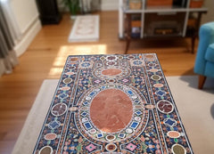 Black Marble Dining Table – Semi-Precious Stone Marquetry Floral Art – Handmade Hallway & Home Decor Furniture Unique Handicrafts IND