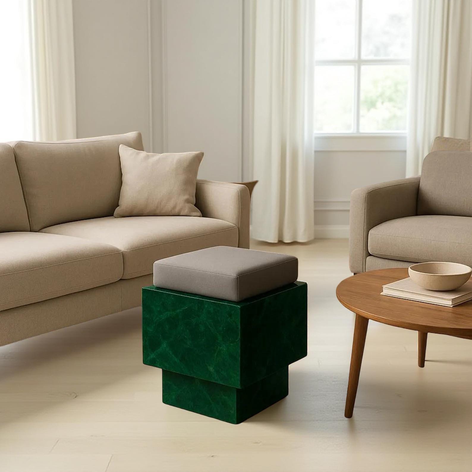Natural Green Stone Marble Stool – Natural Handmade Accent Cube with Cushion | Luxury Minimalist Décor Unique Handicrafts IND