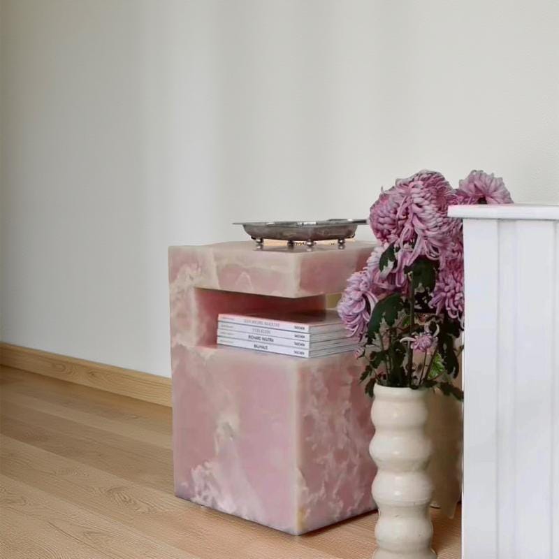 Pink Onyx Side Table – Luxury Crystal-Like Onyx Accent Table – Designer Statement Bedside Nightstand – Handmade Pink Onyx Home Decor Unique Handicrafts IND