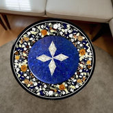 Black Marble Round Table with Lapis Lazuli Star Inlay, Semi Precious Pietradura Art Table, Handmade Home & Office Decor Gifts For Her Unique Handicrafts IND