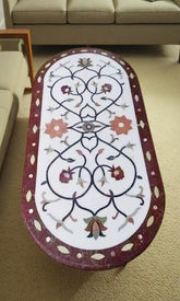 Black Marble Oval Table, Semi Precious Stone Inlay, Italian Pietra Dura Art, Handmade Luxury Furniture for Home Decor Unique Handicrafts IND