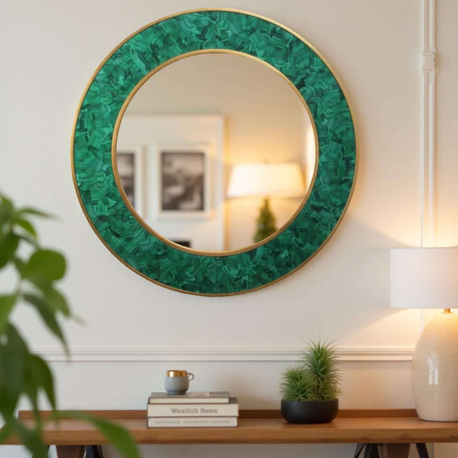 Green Malachite Wall Mirror – Large Round Handmade Luxury Inlay Mirror Unique Handicrafts IND