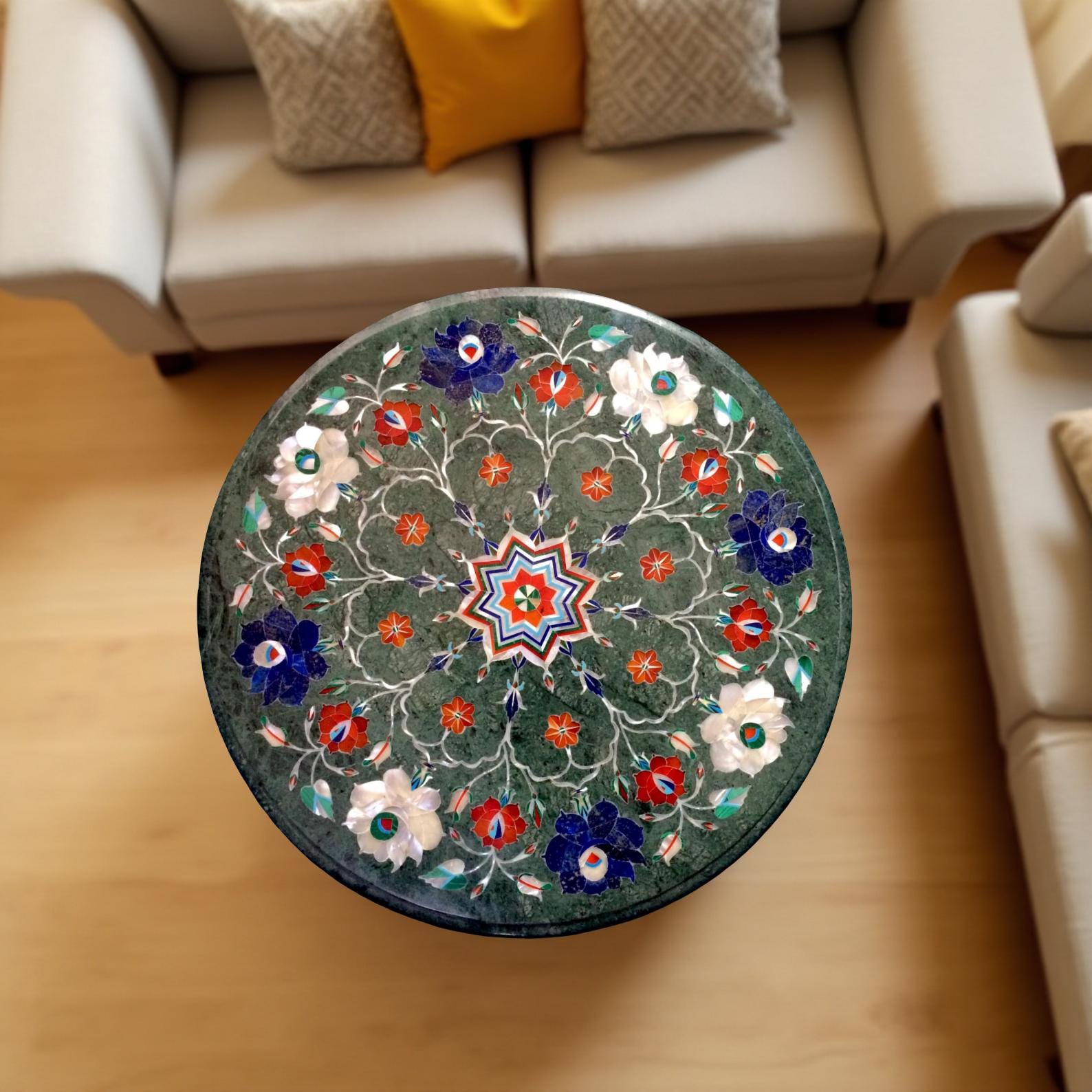 Elegant Round Green Marble Coffee Table – Semi-Precious Pietradura Art – Luxury Home & Office Decor Unique Handicrafts IND