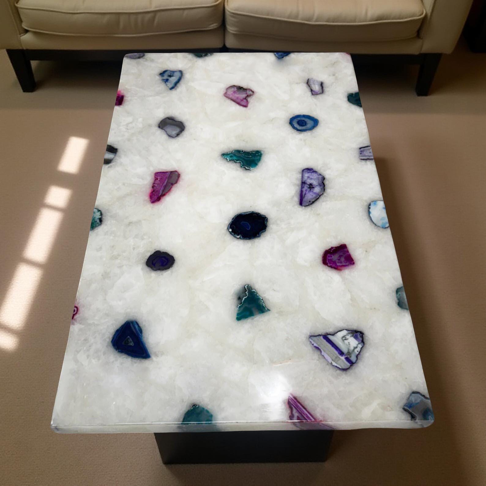 Quartzite & Blue Agate Stone Coffee Table – Custom Sizes – Semi-Transparent Natural Stone Handmade Countertop Slabs Unique Handicrafts IND