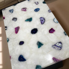 Quartzite & Blue Agate Stone Coffee Table – Custom Sizes – Semi-Transparent Natural Stone Handmade Countertop Slabs Unique Handicrafts IND