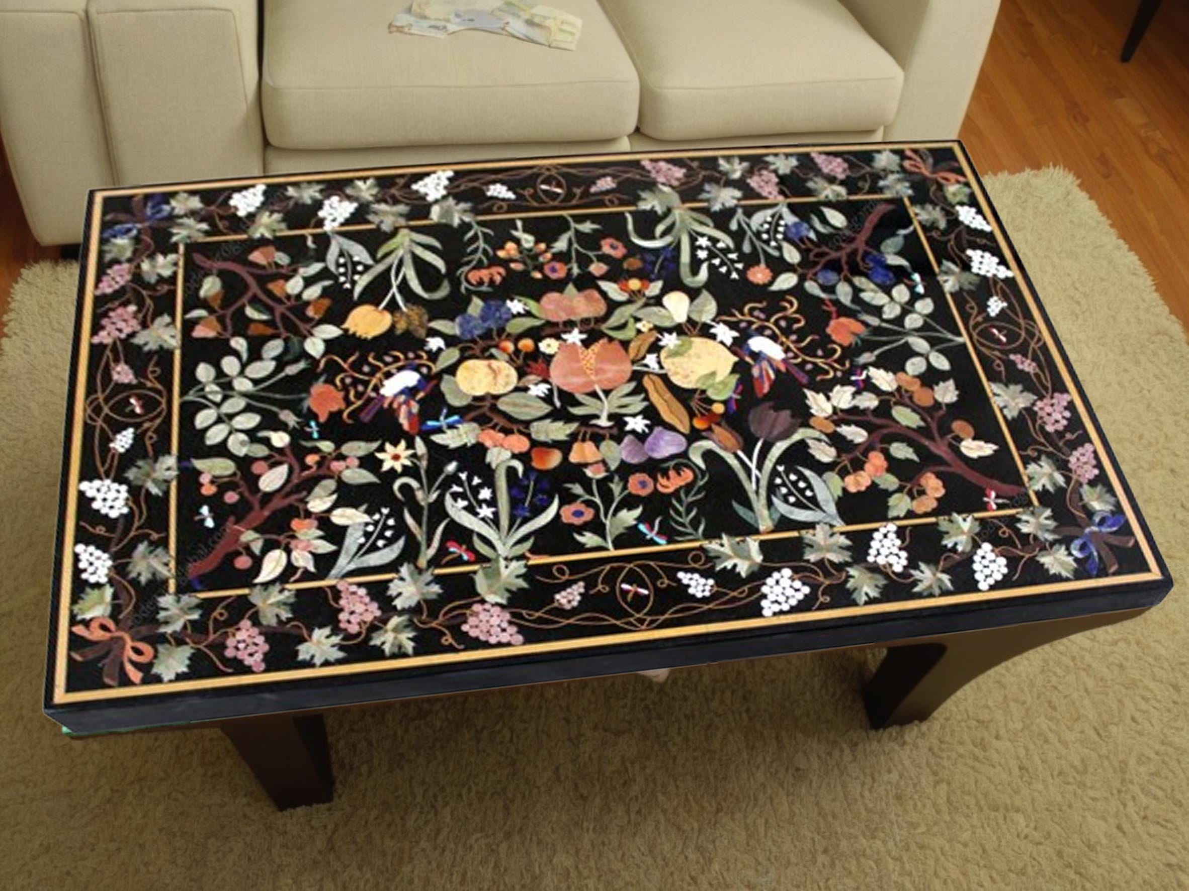 Black Marble Coffee Table Top – Semi Precious Inlay Fruits & Floral Pietradura Art – Handmade Luxury Home Décor Furniture Unique Handicrafts IND