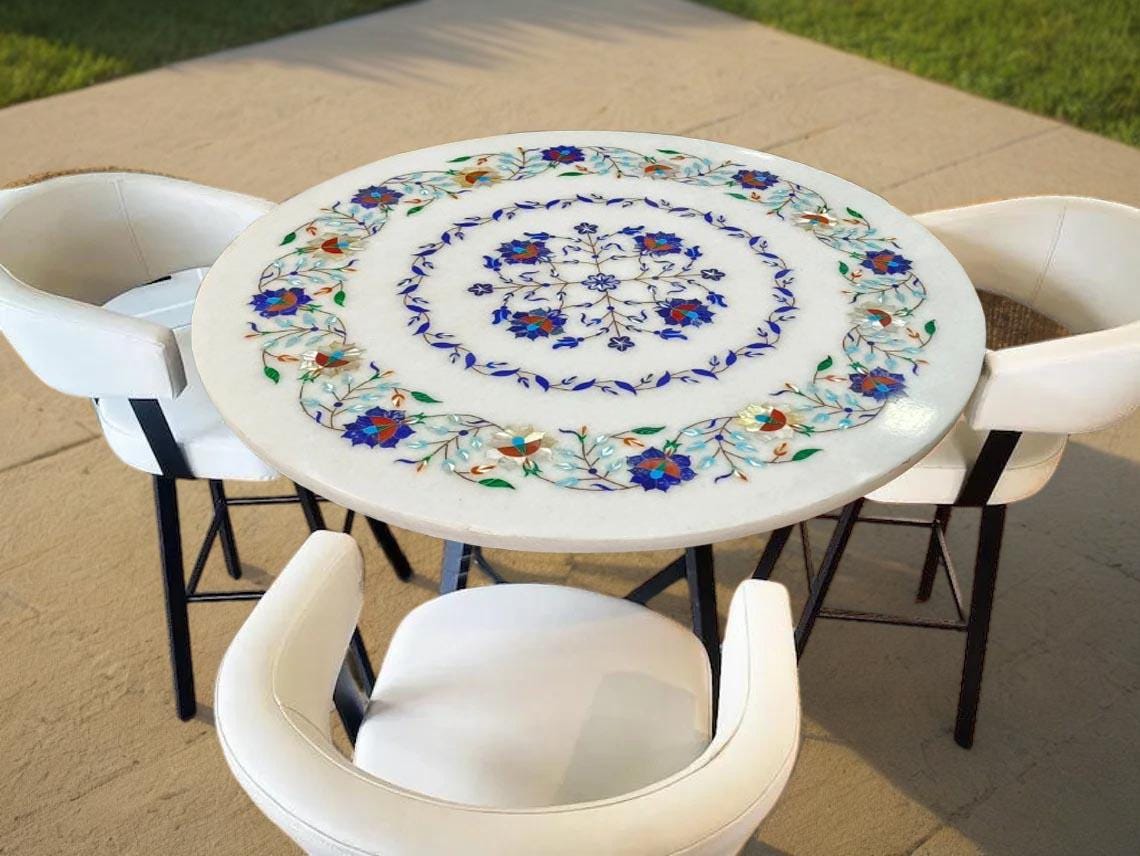 Buy White Marble Pietra Dura Inlay Table – Lapis Lazuli Semi Precious Floral Art | Home Interior Decor Unique Handicrafts IND