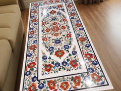 Luxury White Marble Floral Inlay Table Top – Carnelian Semi Precious Pietra Dura Art | Center Table Home Decor Unique Handicrafts IND