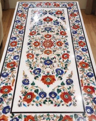 Luxury White Marble Floral Inlay Table Top – Carnelian Semi Precious Pietra Dura Art | Center Table Home Decor Unique Handicrafts IND