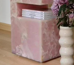 Pink Onyx Side Table – Luxury Crystal-Like Onyx Accent Table – Designer Statement Bedside Nightstand – Handmade Pink Onyx Home Decor Unique Handicrafts IND