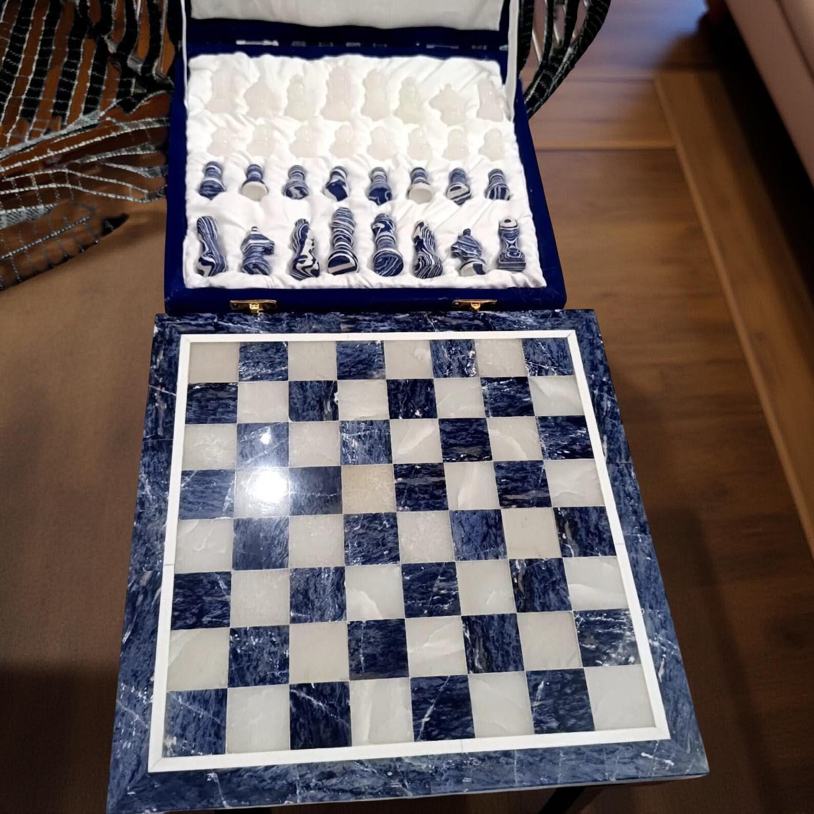 Sodalite Handmade Chess Set with Stone Chess Pieces – Gemstone Chess Board Collectible Gift for Him Her Home Decor Unique Handicrafts IND