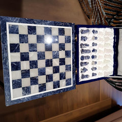 Sodalite Handmade Chess Set with Stone Chess Pieces – Gemstone Chess Board Collectible Gift for Him Her Home Decor Unique Handicrafts IND