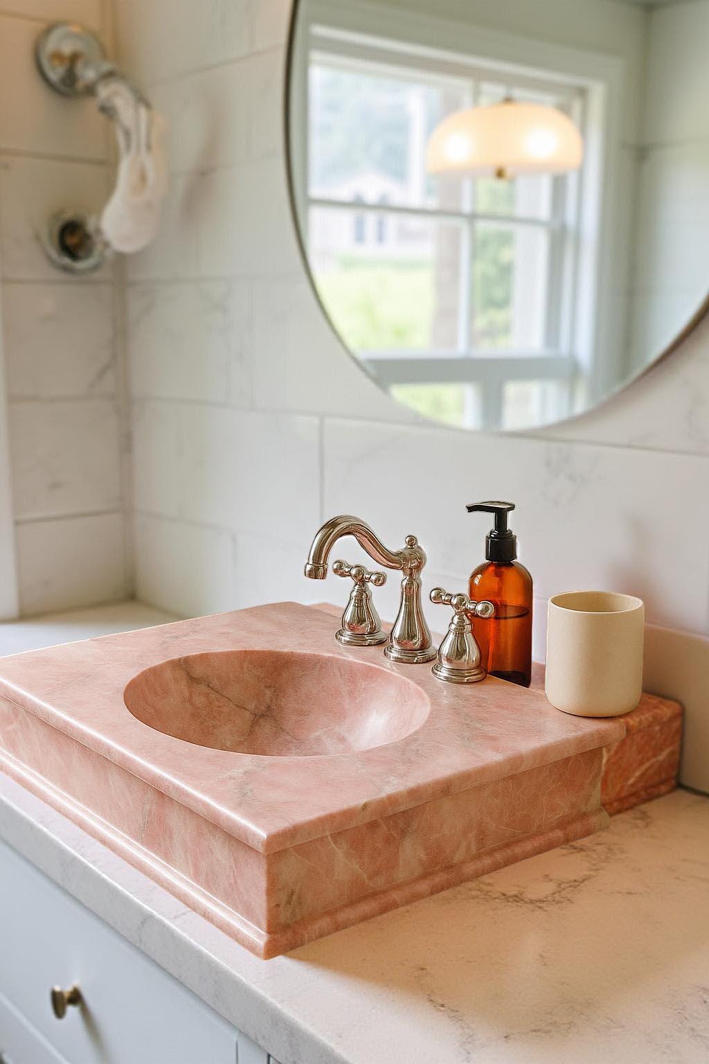 Rose Quartz Bathroom Countertop Sink – Hand‑Carved Pink Crystal Vessel Bowl for Luxury Decor Unique Handicrafts IND