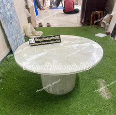 Buy Selenite Coffee Table With Selenite pedestal Base , Sun Burst stone pattern , Selenite Gem stone Furniture Arts Home Decor Furniture Unique Handicrafts IND