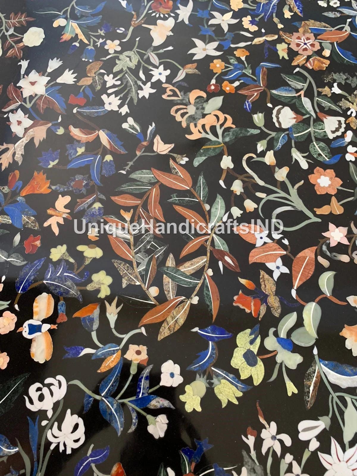 Black Marble Table With Semi precious Inlay Stone Birds Floral Art / Kitchen Dining Center Table Top / Inlay Beautiful Art Interior Decor Unique Handicrafts IND