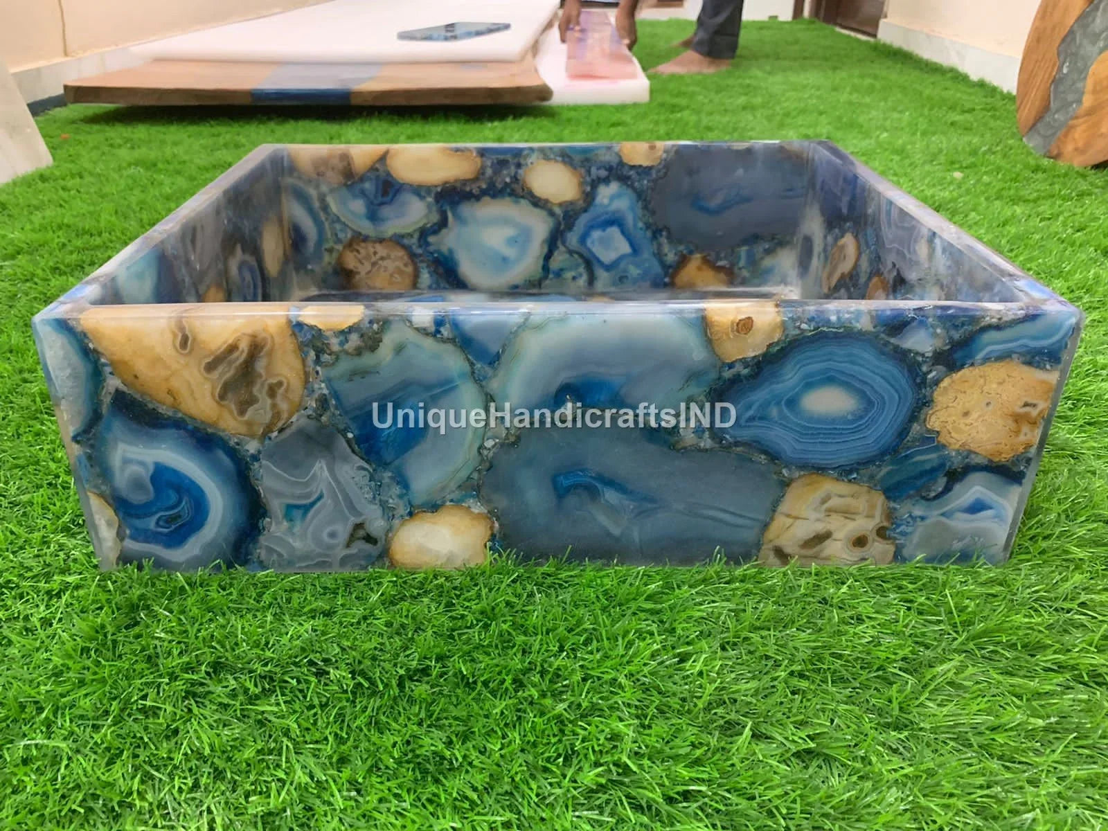 Blue Agate Wash basin Sink Natural Agate Stone Handmade /stone basin /Kitchen & bathroom Accessories/bathroom Decor/ Blue and Tan Agate Mix Unique Handicrafts IND