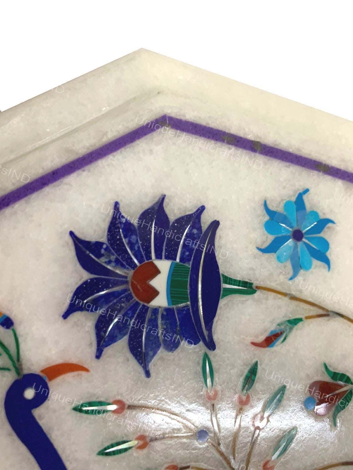 Side Table Top, White Marble table top with  Lapis Inlaid Peacock Floral Marquetry Design Multi Stone Pietra dura  Art Unique Handicrafts IND