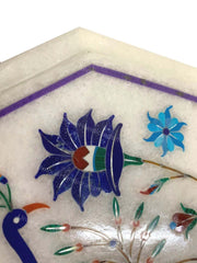 Side Table Top, White Marble table top with  Lapis Inlaid Peacock Floral Marquetry Design Multi Stone Pietra dura  Art Unique Handicrafts IND