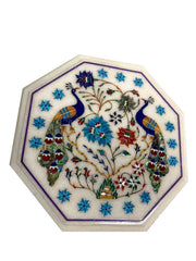 Side Table Top, White Marble table top with  Lapis Inlaid Peacock Floral Marquetry Design Multi Stone Pietra dura  Art Unique Handicrafts IND