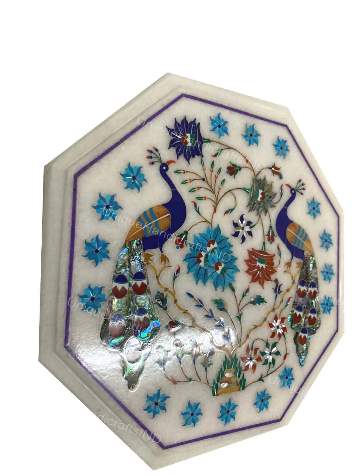 Side Table Top, White Marble table top with  Lapis Inlaid Peacock Floral Marquetry Design Multi Stone Pietra dura  Art Unique Handicrafts IND