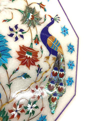 Side Table Top, White Marble table top with  Lapis Inlaid Peacock Floral Marquetry Design Multi Stone Pietra dura  Art Unique Handicrafts IND