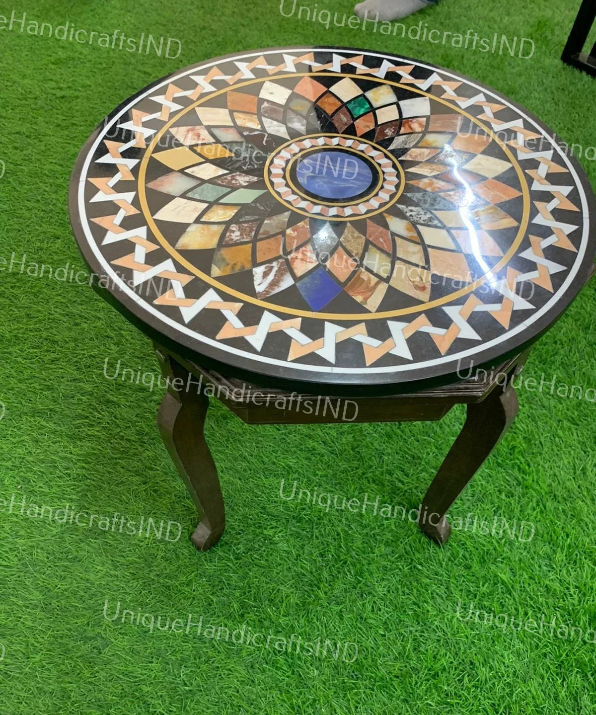Black Marble Round Coffee Custom Center Side table Top Mosaic Multi Stone Handmade Semi Precious Inlay Art Home & Office Decor Interior Unique Handicrafts IND