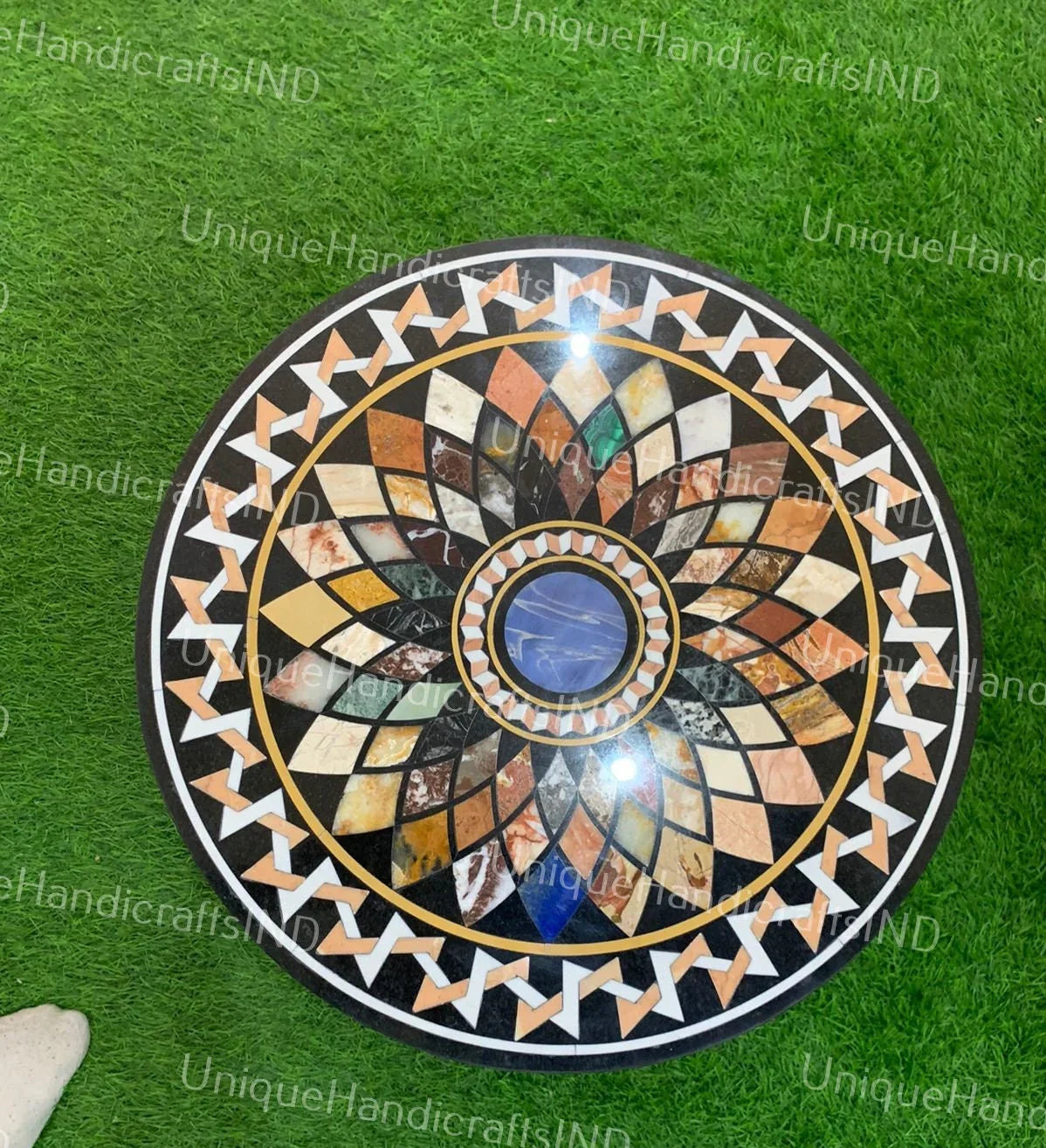 Black Marble Round Coffee Custom Center Side table Top Mosaic Multi Stone Handmade Semi Precious Inlay Art Home & Office Decor Interior Unique Handicrafts IND