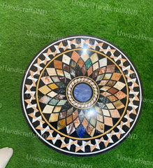 Black Marble Round Coffee Custom Center Side table Top Mosaic Multi Stone Handmade Semi Precious Inlay Art Home & Office Decor Interior Unique Handicrafts IND