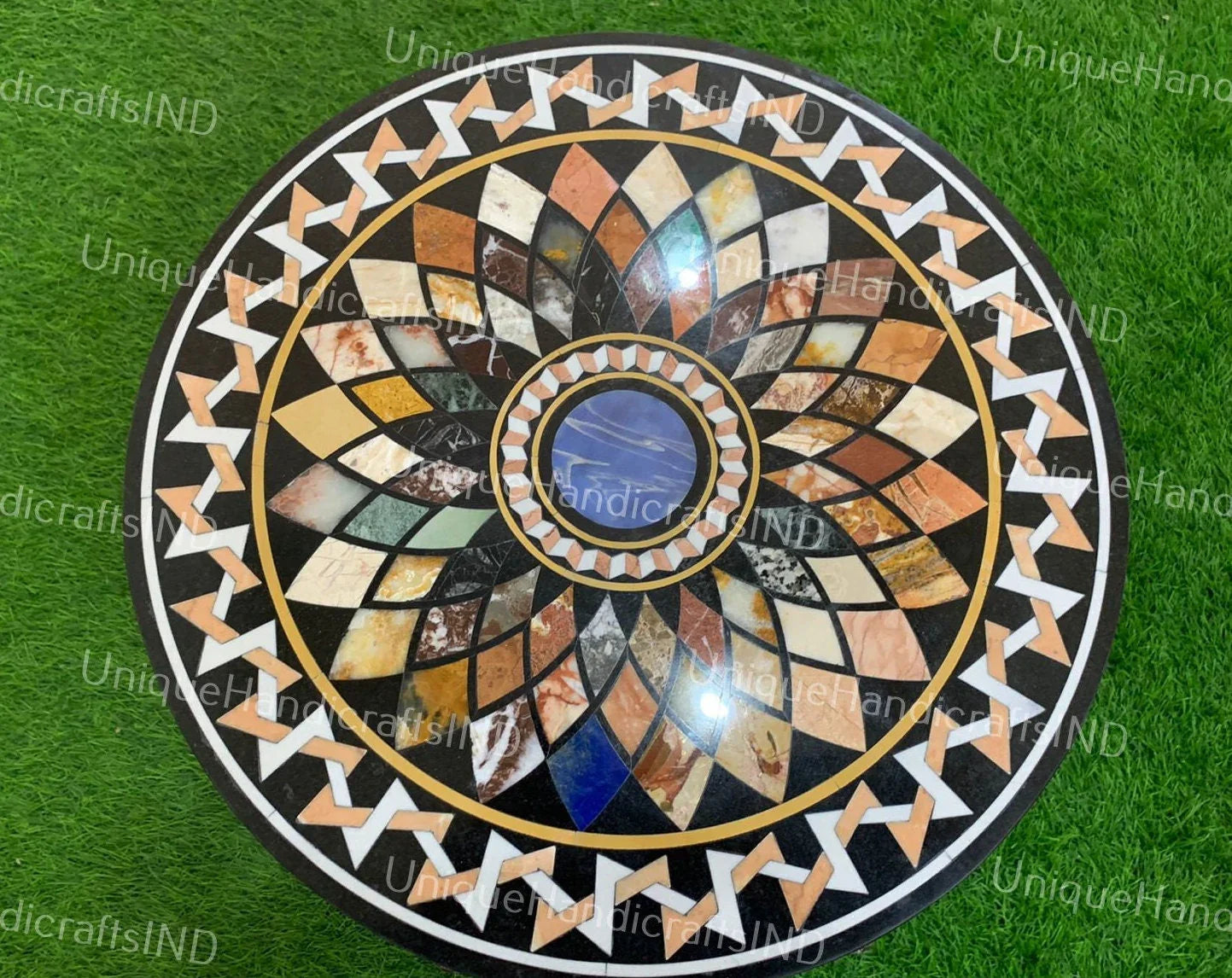 Black Marble Round Coffee Custom Center Side table Top Mosaic Multi Stone Handmade Semi Precious Inlay Art Home & Office Decor Interior Unique Handicrafts IND