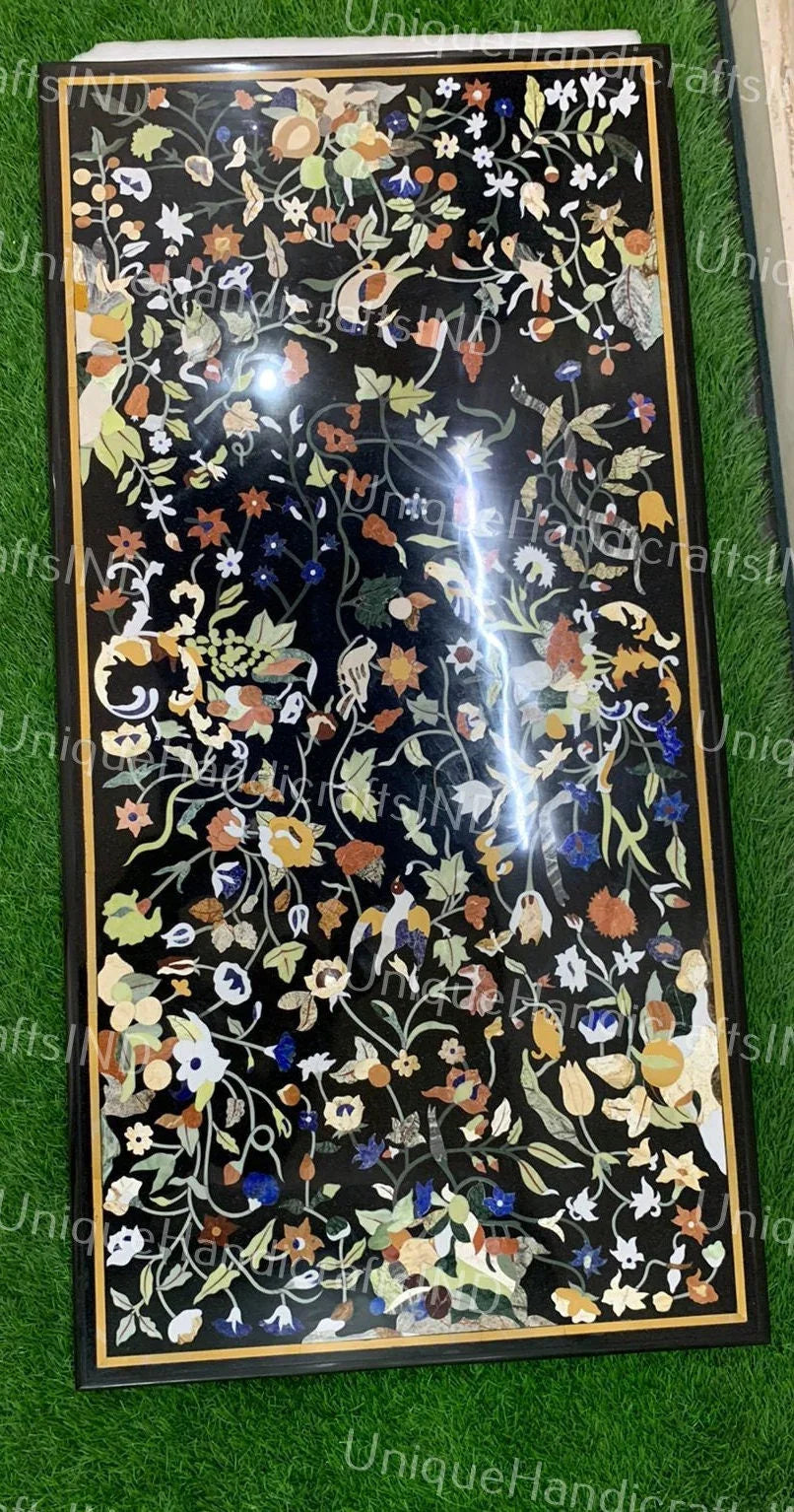 Handmade Black Marble Stone Sofa Center Meeting Dining tops Table Inlaid Marquetry Floral Birds Design Outdoor Decor Unique Handicrafts IND