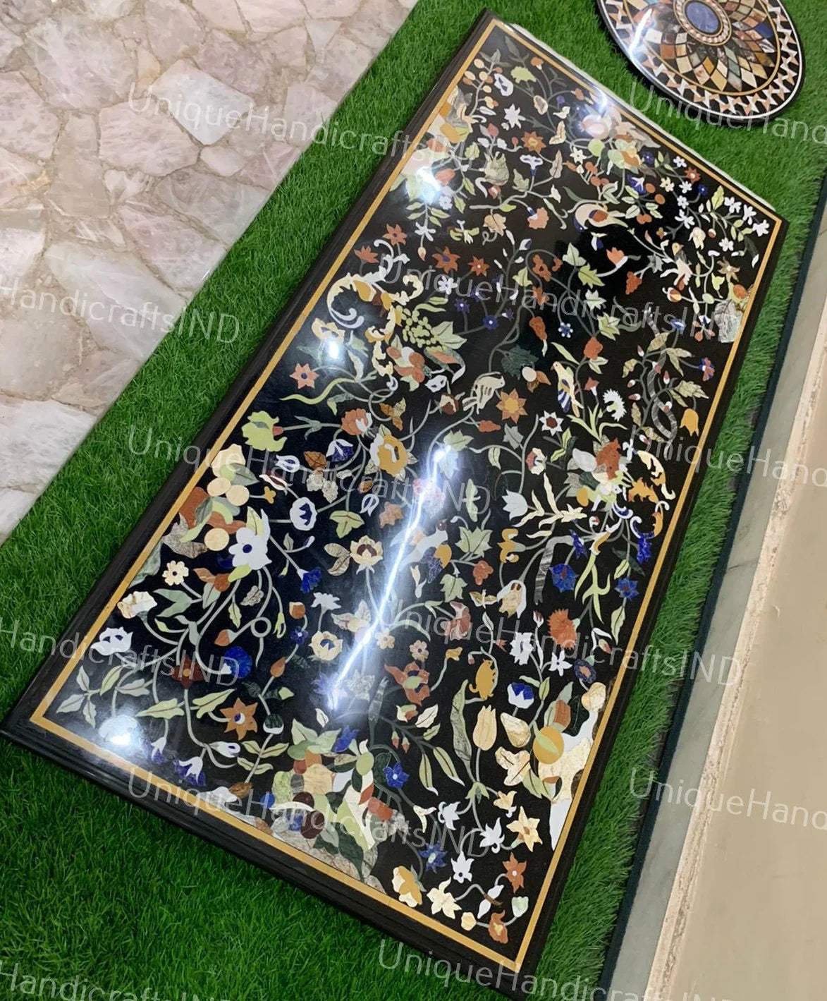 Handmade Black Marble Stone Sofa Center Meeting Dining tops Table Inlaid Marquetry Floral Birds Design Outdoor Decor Unique Handicrafts IND