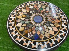 Black Marble Round Coffee Custom Center Side table Top Mosaic Multi Stone Handmade Semi Precious Inlay Art Home & Office Decor Interior Unique Handicrafts IND