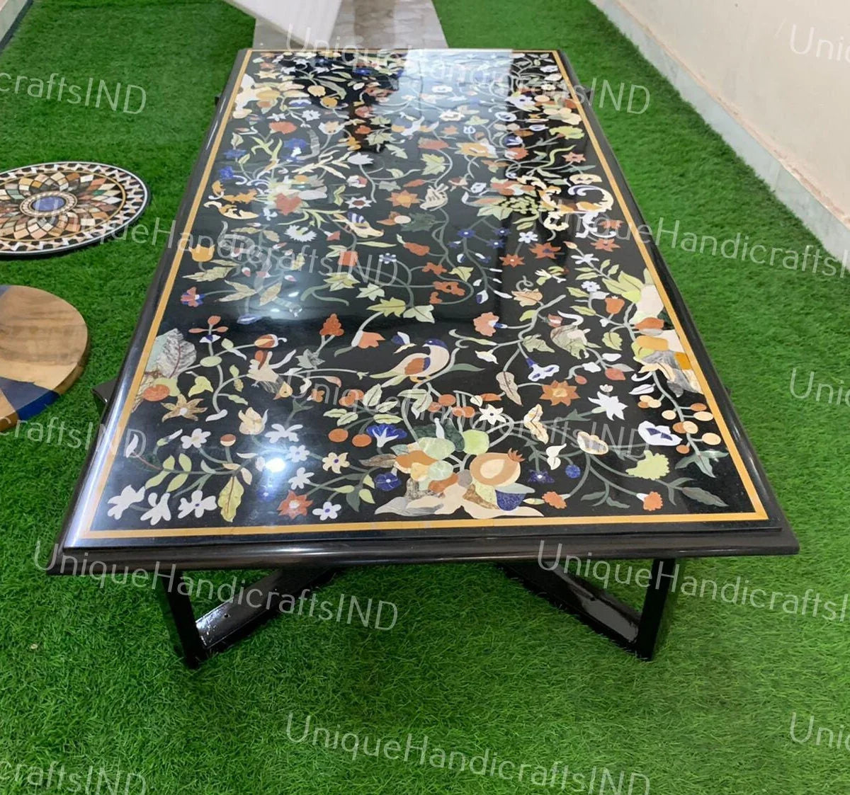 Handmade Black Marble Stone Sofa Center Meeting Dining tops Table Inlaid Marquetry Floral Birds Design Outdoor Decor Unique Handicrafts IND