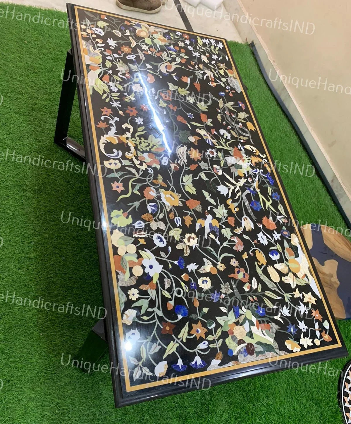 Handmade Black Marble Stone Sofa Center Meeting Dining tops Table Inlaid Marquetry Floral Birds Design Outdoor Decor Unique Handicrafts IND