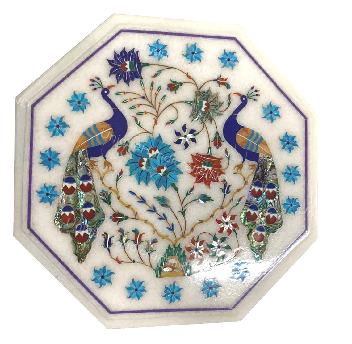 Side Table Top, White Marble table top with  Lapis Inlaid Peacock Floral Marquetry Design Multi Stone Pietra dura  Art Unique Handicrafts IND