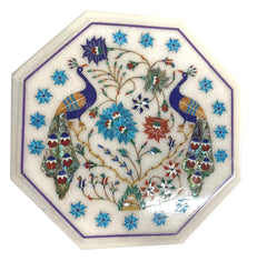 Side Table Top, White Marble table top with  Lapis Inlaid Peacock Floral Marquetry Design Multi Stone Pietra dura  Art Unique Handicrafts IND