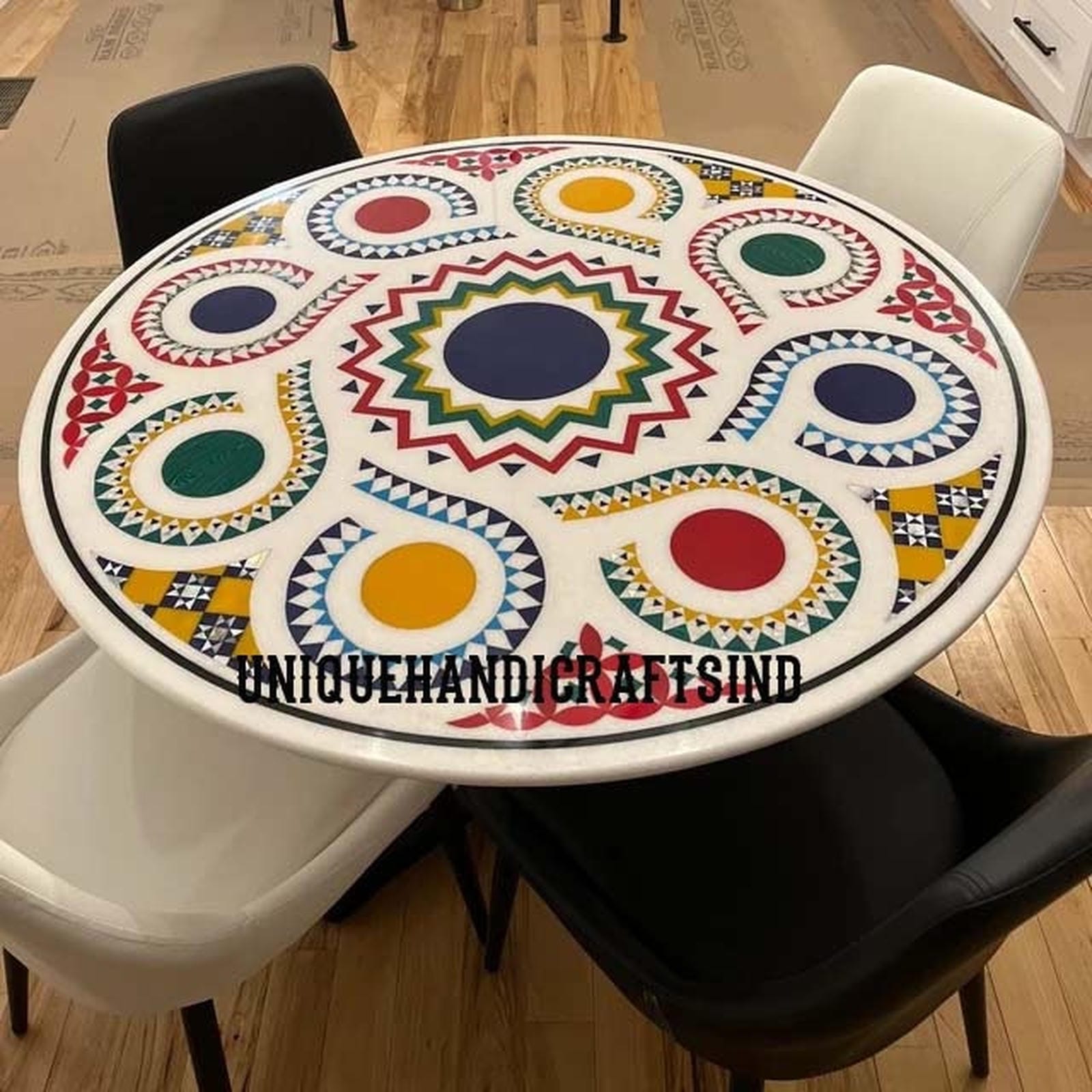 Kitchen & Dining Room Table Top Natural White Marble Table With Carnelian Semi Precious Stone Inlay Mosaic Art Handmade Furniture Decor Unique Handicrafts IND