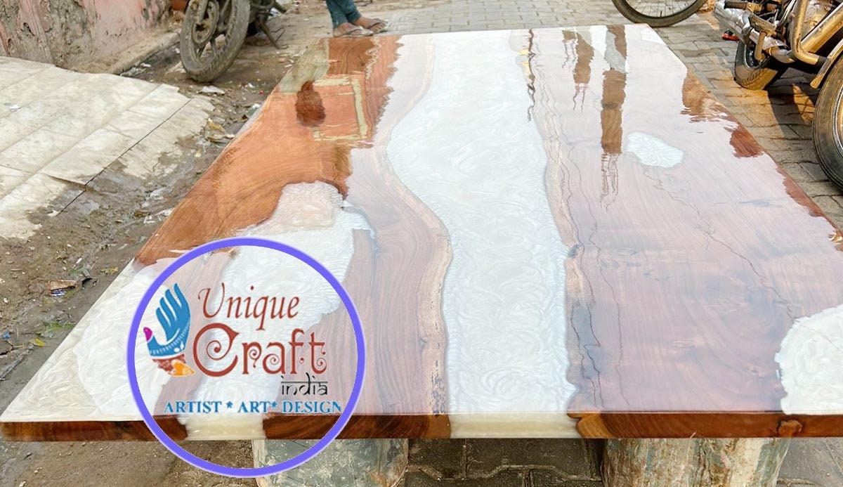 White Epoxy Table | Epoxy Table | Custom Wood Table | Wooden Epoxy Table | Epoxy Furniture | Home Decor | 100% Handmade | Dining Table Unique Handicrafts IND