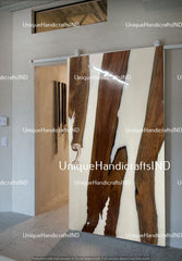 Wooden Barn Door With White Resin Custom Sliding Door Antique Handmade Craftsmanship to Your Home Decor interior Unique Handicrafts IND