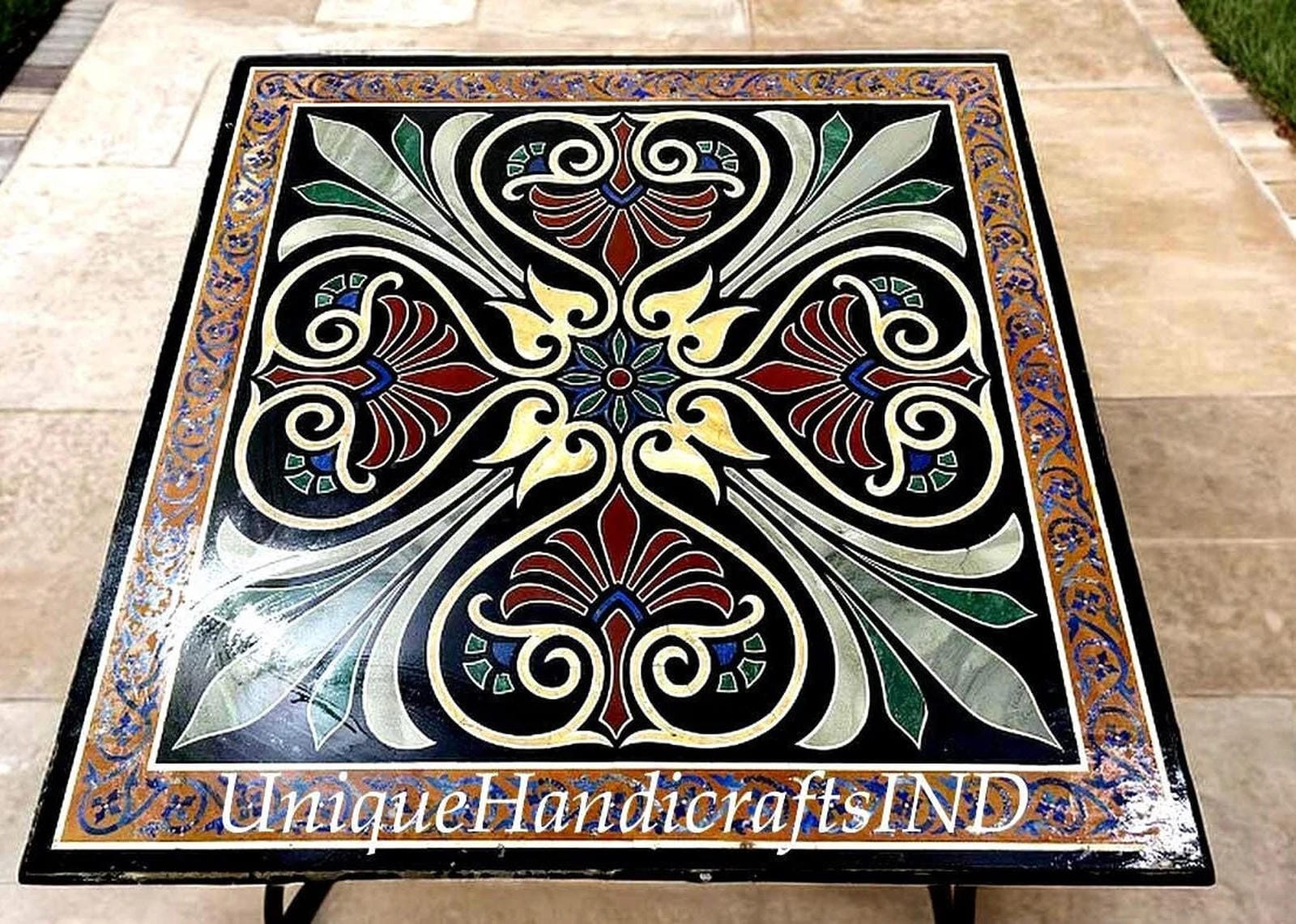 Black Marble Inlay Coffee Table Top Handmade Semi Precious Stone Mosaic Art Living Room Decor Furniture Unique Handicrafts IND