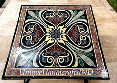 Black Marble Inlay Coffee Table Top Handmade Semi Precious Stone Mosaic Art Living Room Decor Furniture Unique Handicrafts IND