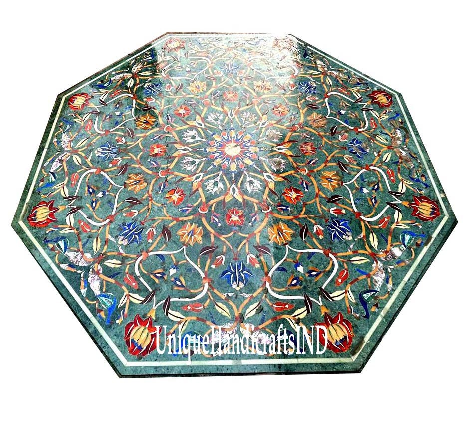 Green Marble Coffee Table Top Lapis Lazuli Semi Precious Stone Inlay Floral Art Decor Living Room Furniture Unique Handicrafts IND