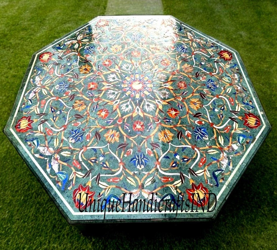 Green Marble Coffee Table Top Lapis Lazuli Semi Precious Stone Inlay Floral Art Decor Living Room Furniture Unique Handicrafts IND