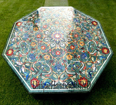Green Marble Coffee Table Top Lapis Lazuli Semi Precious Stone Inlay Floral Art Decor Living Room Furniture Unique Handicrafts IND