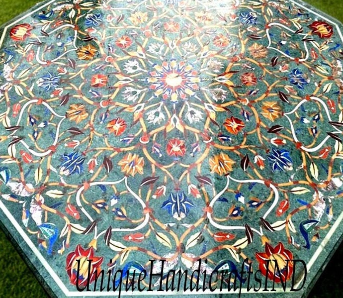 Green Marble Coffee Table Top Lapis Lazuli Semi Precious Stone Inlay Floral Art Decor Living Room Furniture Unique Handicrafts IND