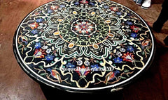 Round Black Marble Coffee Table Top Semi Precious Inlay Pietradura Floral Inlay art Work Living Room Table For Home Decor Unique Handicrafts IND