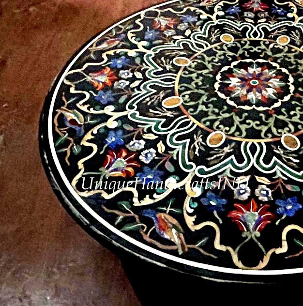 Round Black Marble Coffee Table Top Semi Precious Inlay Pietradura Floral Inlay art Work Living Room Table For Home Decor Unique Handicrafts IND