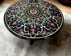 Round Black Marble Coffee Table Top Semi Precious Inlay Pietradura Floral Inlay art Work Living Room Table For Home Decor Unique Handicrafts IND
