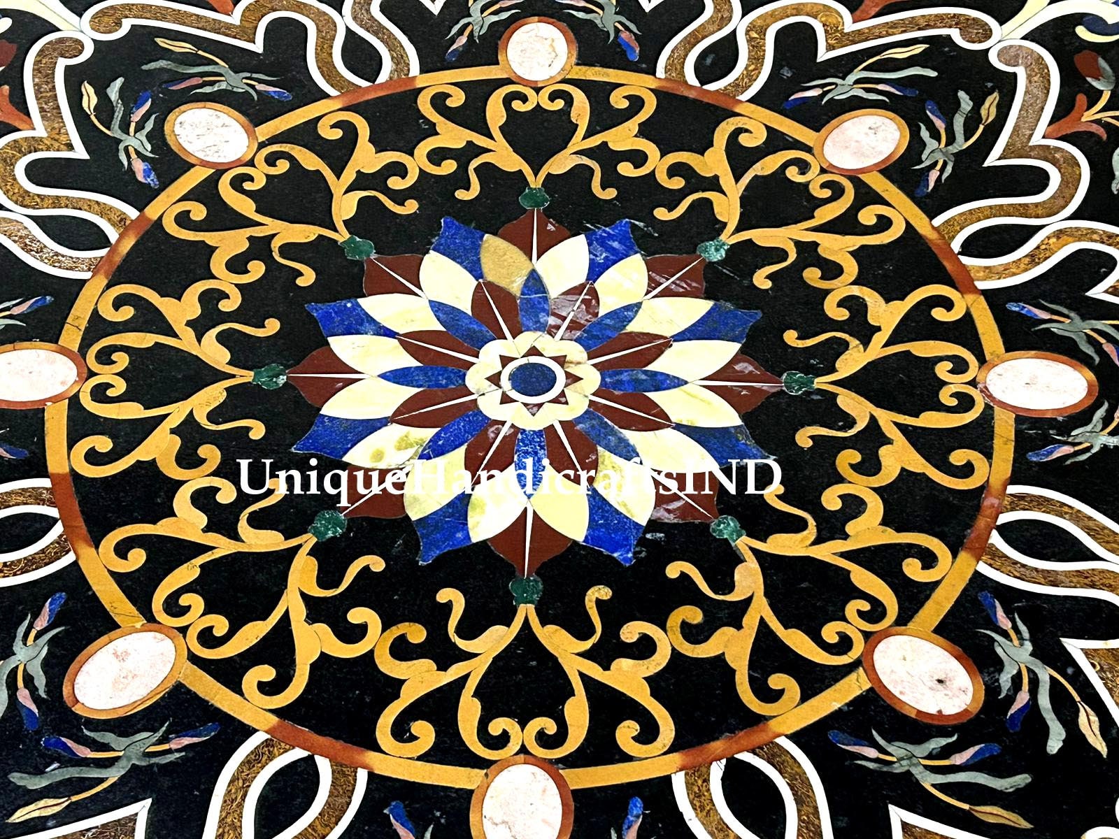 Round Black Marble Center Table Top Semi Precious Stone Inlay Birds & Floral Pietra Dura Art Decorative Handmade Furniture For New Home Unique Handicrafts IND
